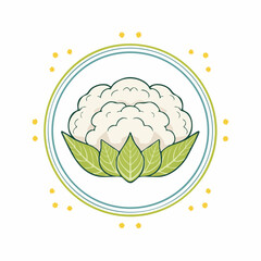 Stylized Cauliflower Illustration with Circular Frame and Decorative Yellow Dots