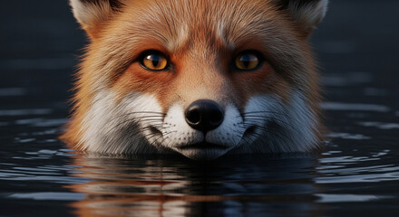  Close-up of an adult fox with reddish-orange fur and white-black accents emerging from dark murky water, bright amber eyes focused with curious intensity, dramatic lighting highlighting its alert 
