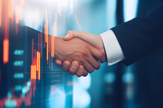 Businessperson shaking hands with stock data background, symbolizing financial deal closing and success concept.