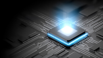 Illuminated Microchip on Circuit Board Highlights Technology and Innovation