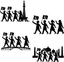 Fototapeta premium a Group of Children Marching with Flags - Pakistan Parade Silhouette near the badshahi mosque in black and white silhouette with white background 