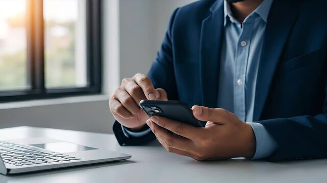 Businessman using smartphone with AI chip hologram and multimedia icons in office. Concept of artificial intelligence, mobile technology and digital innovation
 - Powered by Adobe