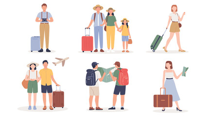 Diverse Travelers Illustration Families, Couples, and Individuals with Luggage and Travel Accessories