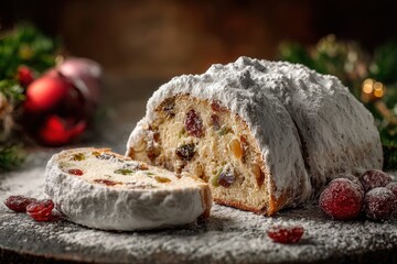 Christmas Stollen slice on wood with decor, holiday background for a recipe