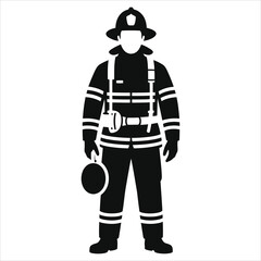 Firefighter Silhouette in Uniform with Helmet and Safety Gear, Holding Equipment, Isolated on White Background – Fireman Icon, Emergency Rescue Worker, Fire Department Vector Illustration