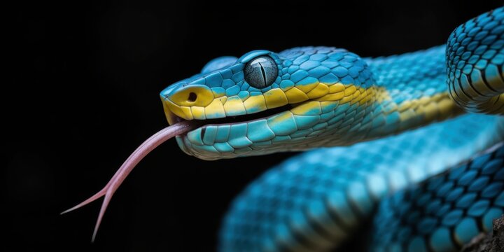 Close up of a blue viper with its tongue sticking out on black background