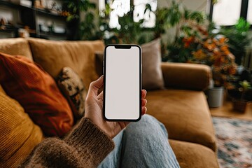 Empty smartphone held by a person on a couch.  Homey interior