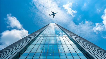 A Jetliner Flies over a Modern Skyscraper image. A low-angle, wide-shot photograph of a modern, glass skyscraper with a jetliner flying directly overhead against a clear blue sky with white clouds.