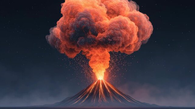 Stylized Volcanic Eruption with Vibrant Smoke Against Dark Sky Creates Dramatic Scene Animation