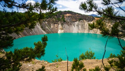 Vibrant turquoise water in a crater lake with cliffs