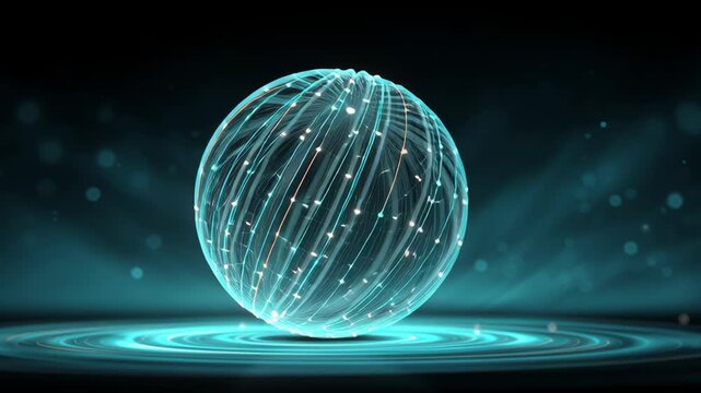 Glowing Wireframe Sphere with Rotating Lines, Particles, and Tech Inspired Design on Dark Background for Futuristic Atmosphere