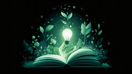 Light bulb with green leaves and open book