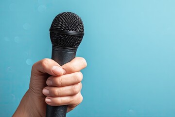 Hand holding a microphone against a light teal background