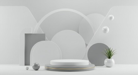 Minimalist 3D product display on a white podium stage with abstract geometric shapes, circles, and spheres for presentation