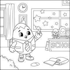Cute egg-shaped character in a school classroom setting waving with books and toys around coloring page