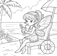 Cute fairy relaxing on a tropical beach chair while sipping a refreshing drink coloring page
