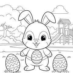 Cute Easter bunny with decorated eggs in a playground coloring page for kids
