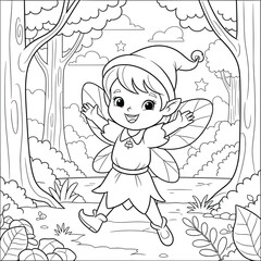 Cheerful fairy girl with wings dancing in an enchanted forest coloring page