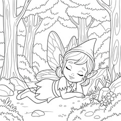 Sweet fairy girl sleeping peacefully in an enchanted forest coloring page