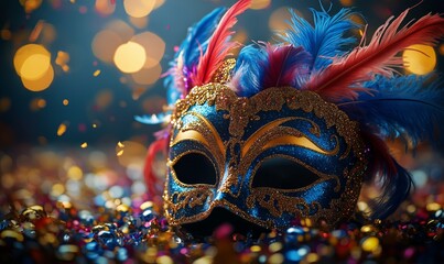 Colorful Masquerade Mask Adorned With Feathers and Glitter at a Festive Celebration