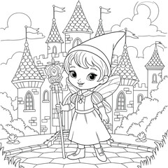 Cute fairy princess holding a magical staff in front of a fantasy castle coloring page