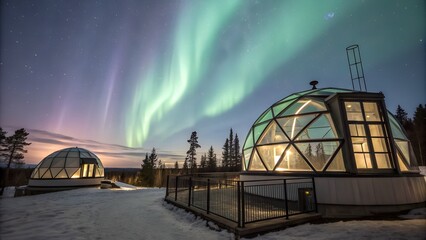 Glass igloo hotels under the northern lights in a snowy landscape at night with trees and stars