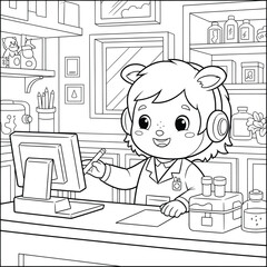 Cute cartoon scientist character working at a desk with a stylus and computer in a colorful laboratory coloring page