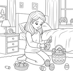 Young girl decorating Easter eggs in her bedroom with baskets and paints for a festive black and white coloring page