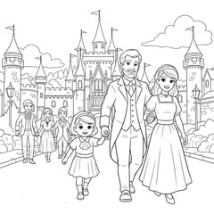 Royal family walking happily outside a grand castle with children for a charming black and white coloring book page