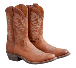 Brown leather cowgirl boot isolated on white background.