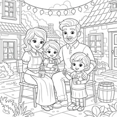 Happy family enjoying hot drinks together in a cozy outdoor courtyard decorated with string lights for a coloring book page