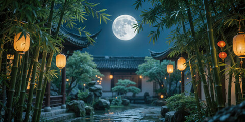 Traditional courtyard with glowing bamboo lanterns under bright full moon during mid-autumn festival evening