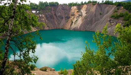 Vibrant turquoise water fills a deep former mining crater, a beautiful landscape of nature's reclamation.