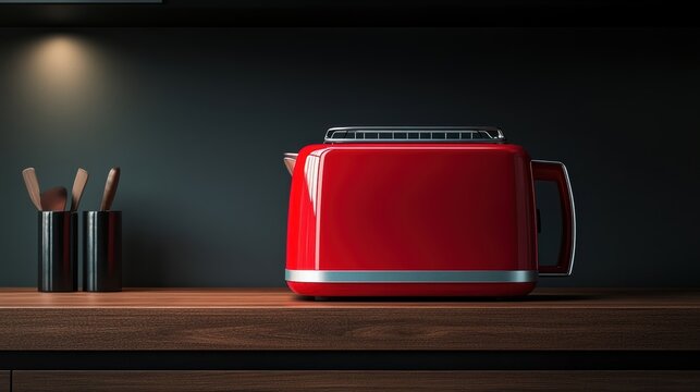 A vibrant red toaster sits on a wooden countertop, illuminated by soft light, creating a modern and stylish kitchen aesthetic.