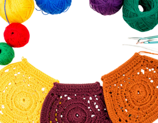 Top-Down Flat Lay of Handmade Crocheted Bags with Yarn Balls, transparent background png