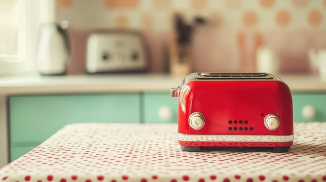A vibrant red toaster sits on a patterned tablecloth, adding a pop of color to a stylish kitchen with soft pastel tones.