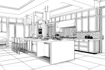 Architectural drawing of a modern kitchen design.