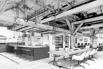Industrial style loft office space with exposed beams and modern furniture.