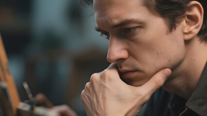 A man deep in thought, resting his chin on his hand while looking downward.
