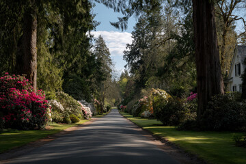 Fototapeta premium picturesque road stretches infinitely into horizon surrounded by lush green trees and blooming flowers
