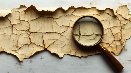 Aged Parchment Detail Under Magnifying Glass Reveals Intricate Cracks, Flaws, and Textural Depth