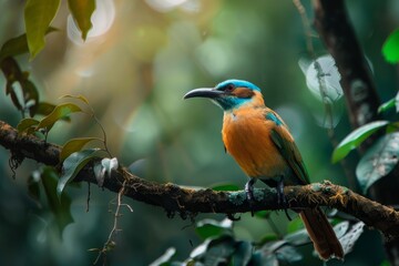 Motmot with vibrant plumage perched on a branch, showcasing its beauty amidst the rainforest