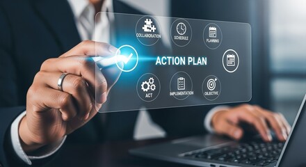 Business Professional Creates Action Plan with Digital Interface Displaying Strategy, Implementation and Objectives for Success