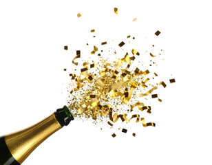 Exploding Party Popper with Shower of Gold Confetti, front view, isolated transparent background png