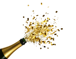 Exploding Party Popper with Shower of Gold Confetti, front view, isolated transparent background png