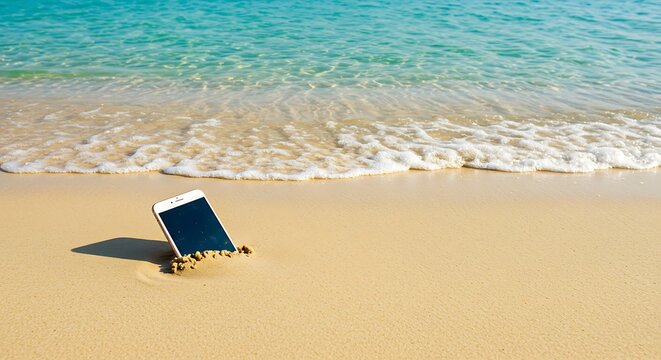 Escape to paradise with a smartphone left on a sandy beach, representing a digital detox and a relaxing holiday.