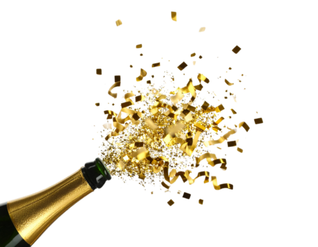 Exploding Party Popper with Shower of Gold Confetti, front view, isolated transparent background png