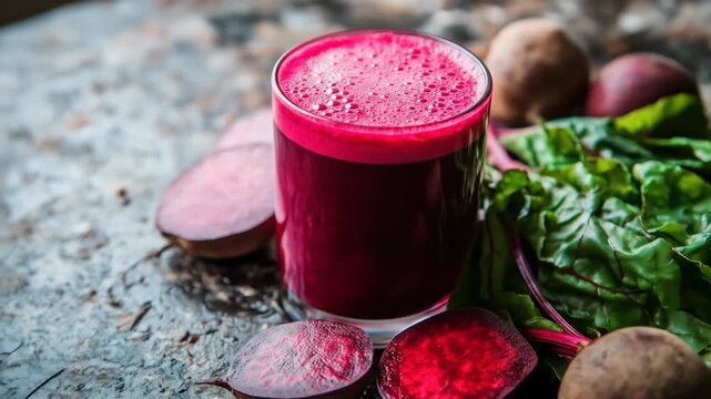 Ruby red beet juice and slices on a rustic surface with greens