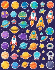 Colorful space stickers with planets, rockets, and astronaut
