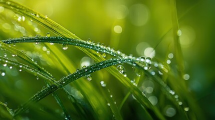 Naklejka premium Fresh Green Grass Blades Adorned with Morning Dew, Illuminated by Soft Sunlight, Creating a Serene Springtime Scene